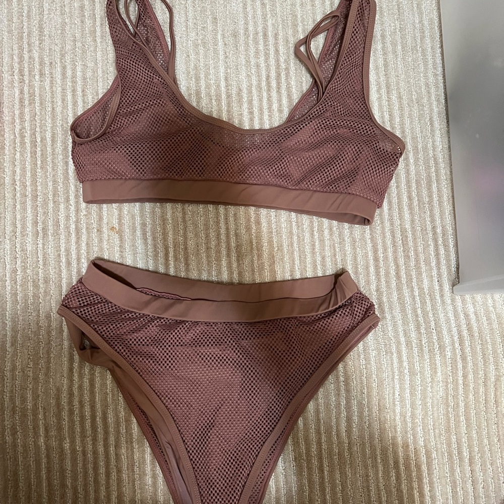 tan double layered net material high waisted swimsuit